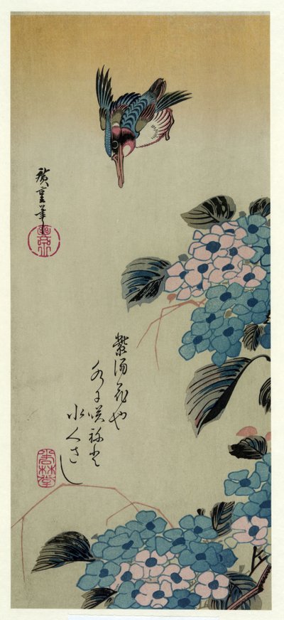 Ajisai ni Kawasemi (Hortensie und Eisvogel) von Utagawa Hiroshige